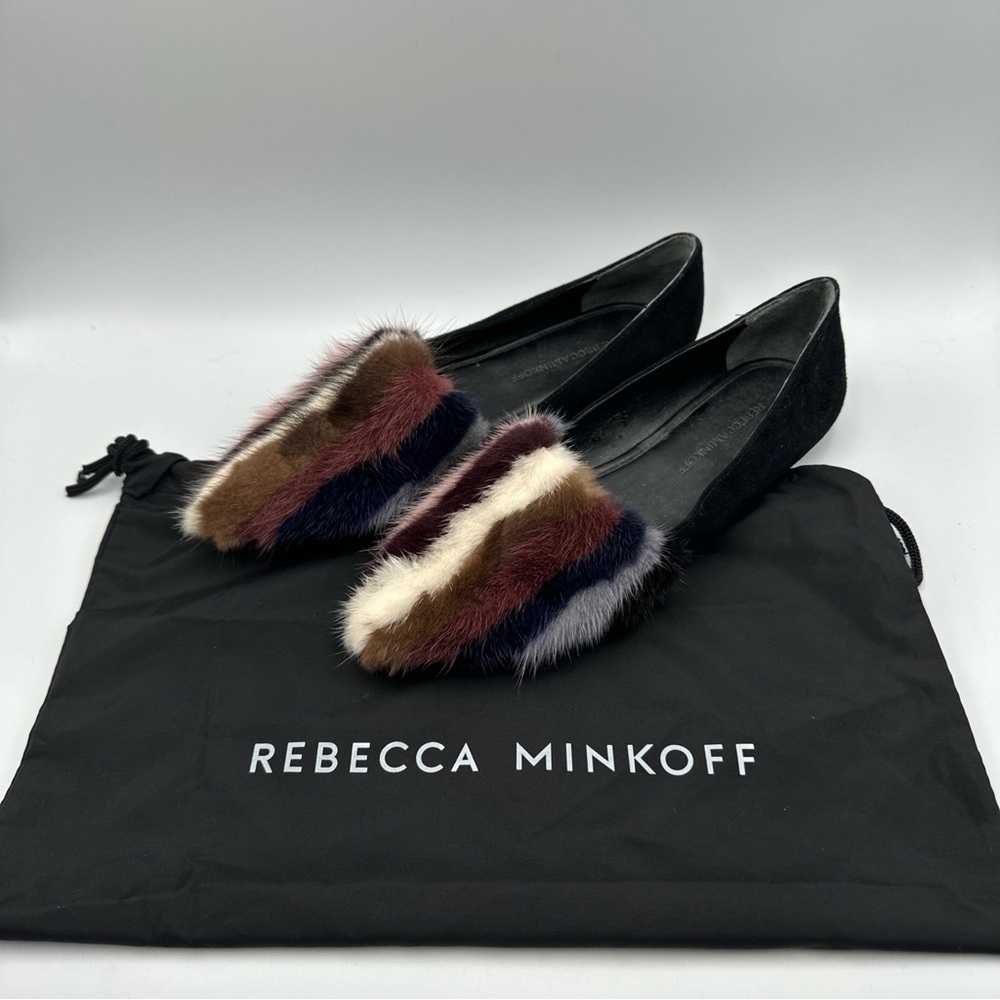 Rebecca Minkoff Amelie Black Leather Multicolor Mink Fur Front Flats Size 7.5